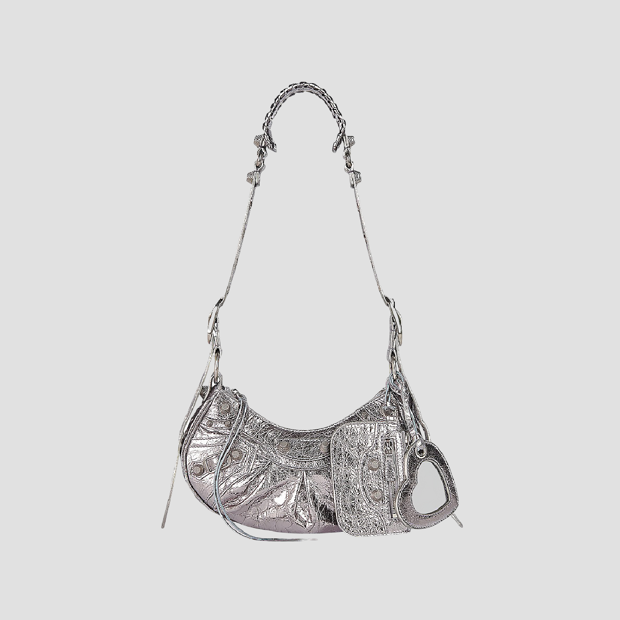 BALENCIAGA LE CAGOLE XS SHOULDER BAG METALLIZED SILVER 6713090GT3Y8103