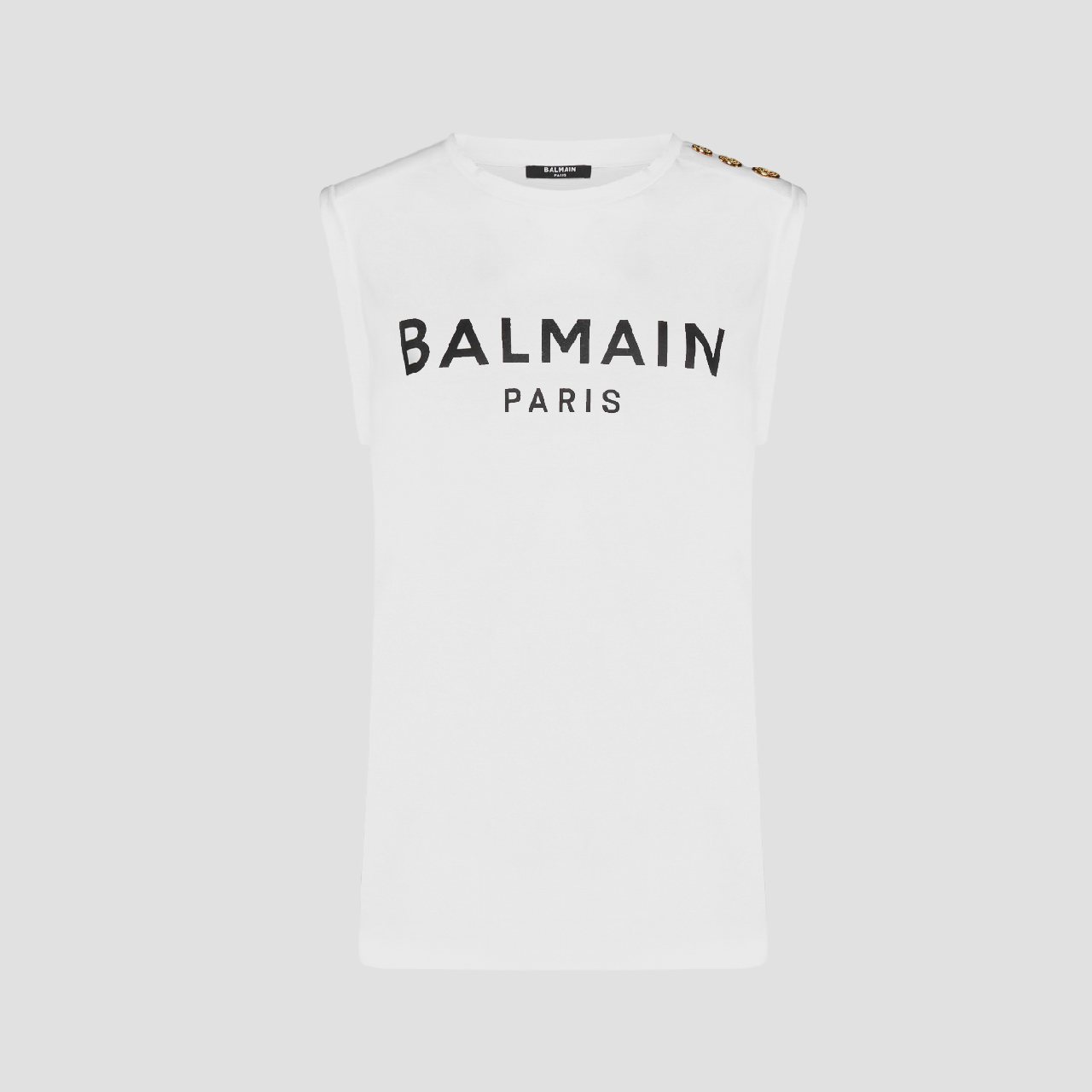 BALMAIN GOLD BUTTON SHOULDER TANK-TOP IN WHITE AF0ED000BB02 GAB