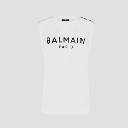 BALMAIN GOLD BUTTON SHOULDER TANK-TOP IN WHITE AF0ED000BB02 GAB