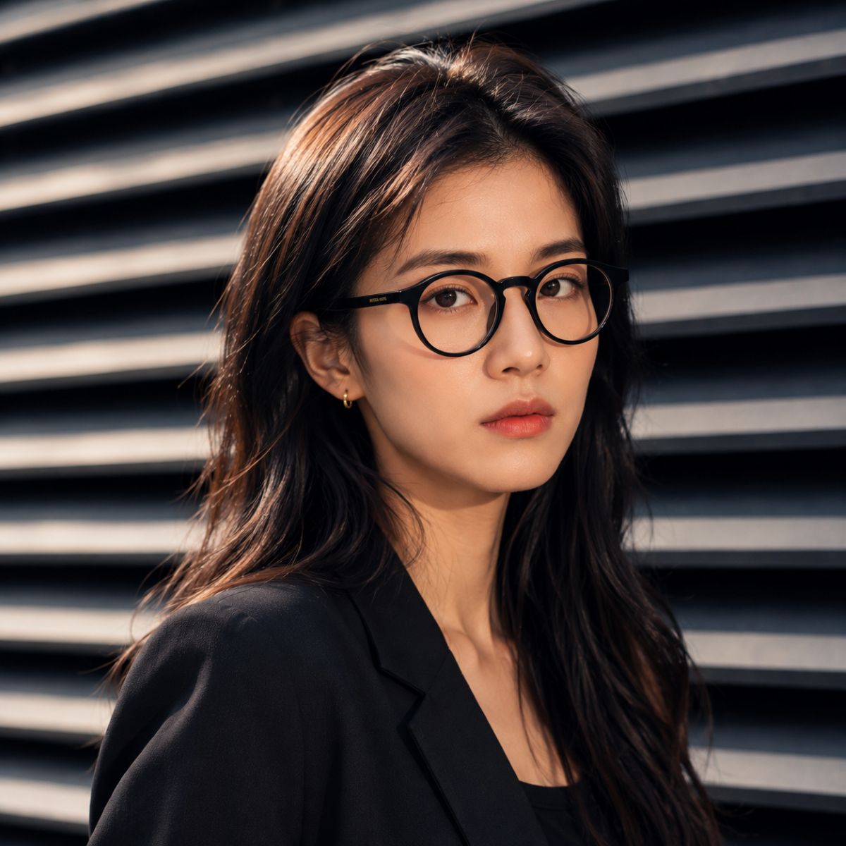 A woman with long dark hair wearing Bottega Veneta BV1420O Black Round Eyeglasses and a black blazer, photographed against a dark gray slatted wall.