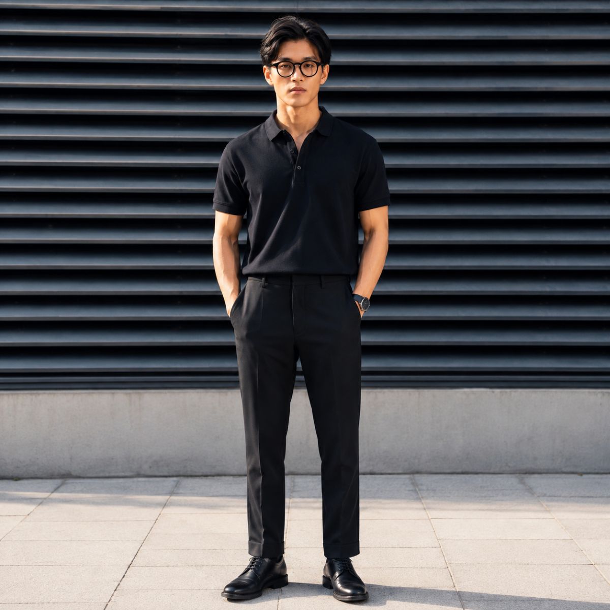 A man wearing a black short-sleeve polo shirt and black trousers stands with hands in pockets, wearing black dress shoes and Bottega Veneta BV1420O Black Round Eyeglasses, in front of a dark gray corrugated metal wall.