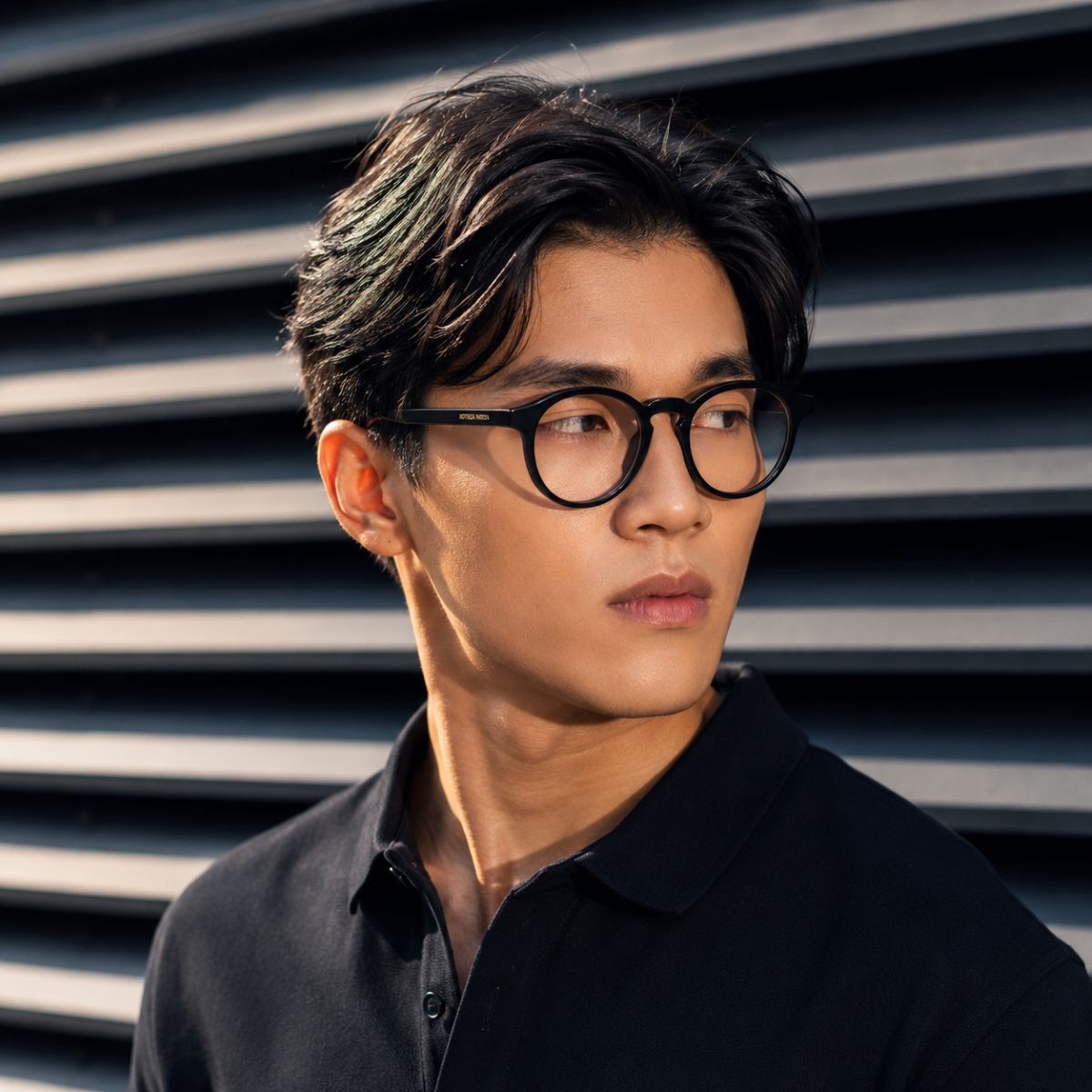 A man with dark hair and Bottega Veneta BV1420O Black Round Eyeglasses, wearing a black polo shirt against a dark gray slatted background.