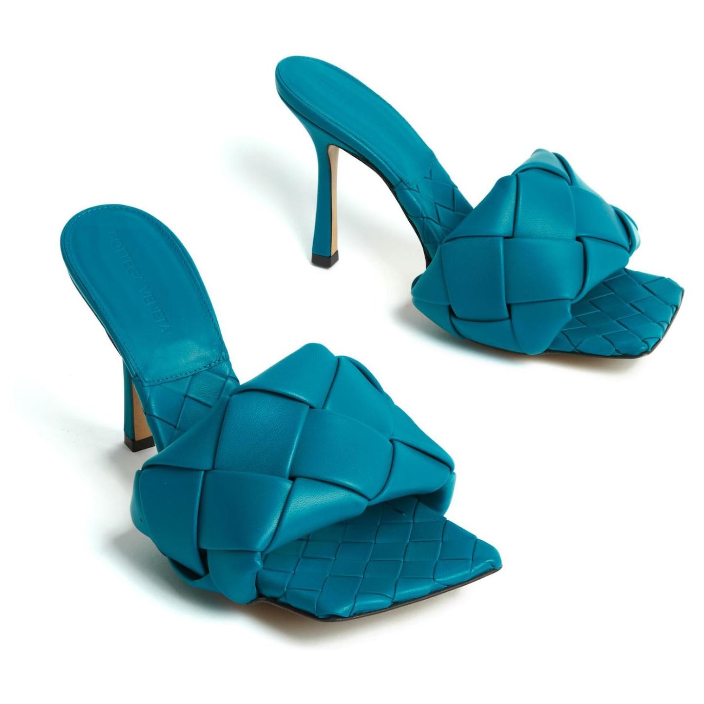 Bottega Veneta Lido Mule Vintage Blue 608854VBSS04335 with woven design on a white background