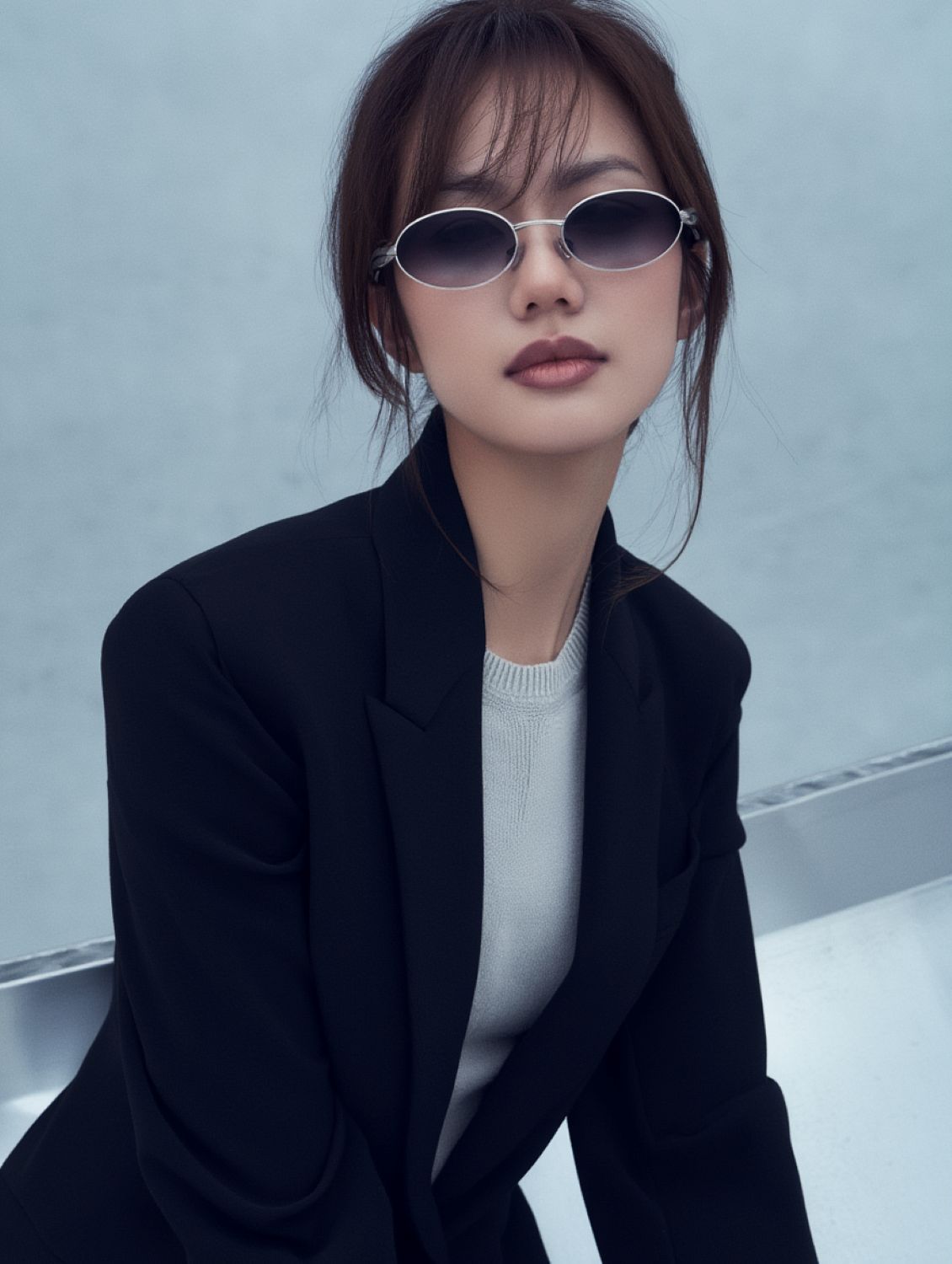 Person wearing Bottega Veneta Sardine Oval Sunglasses - BV1386S 003 and a black coat against a light background