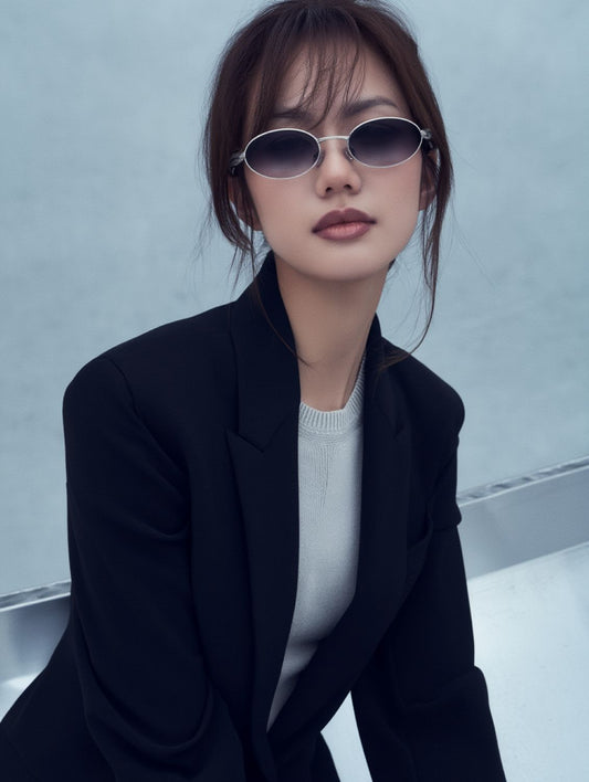 Person wearing Bottega Veneta Sardine Oval Sunglasses - BV1386S 003 and a black coat against a light background