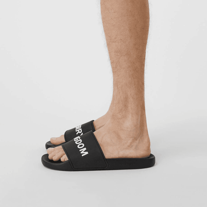 wearing Burberry Black Kingdom Motif Slides 8009769