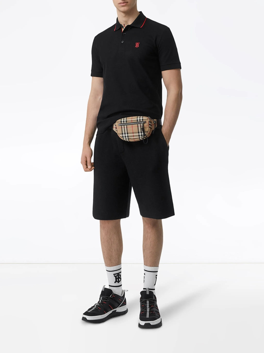 wearing BURBERRY RED ICON STRIPE PLACKET PIQUÉ POLO SHIRT BLACK 8017003 