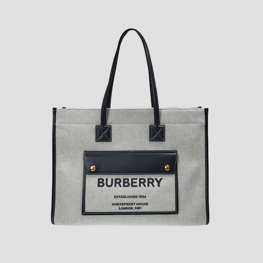 BURBERRY TWO-TONE CANVAS MEDIUM FREYA TOTE IN GREY BLACK 80441281