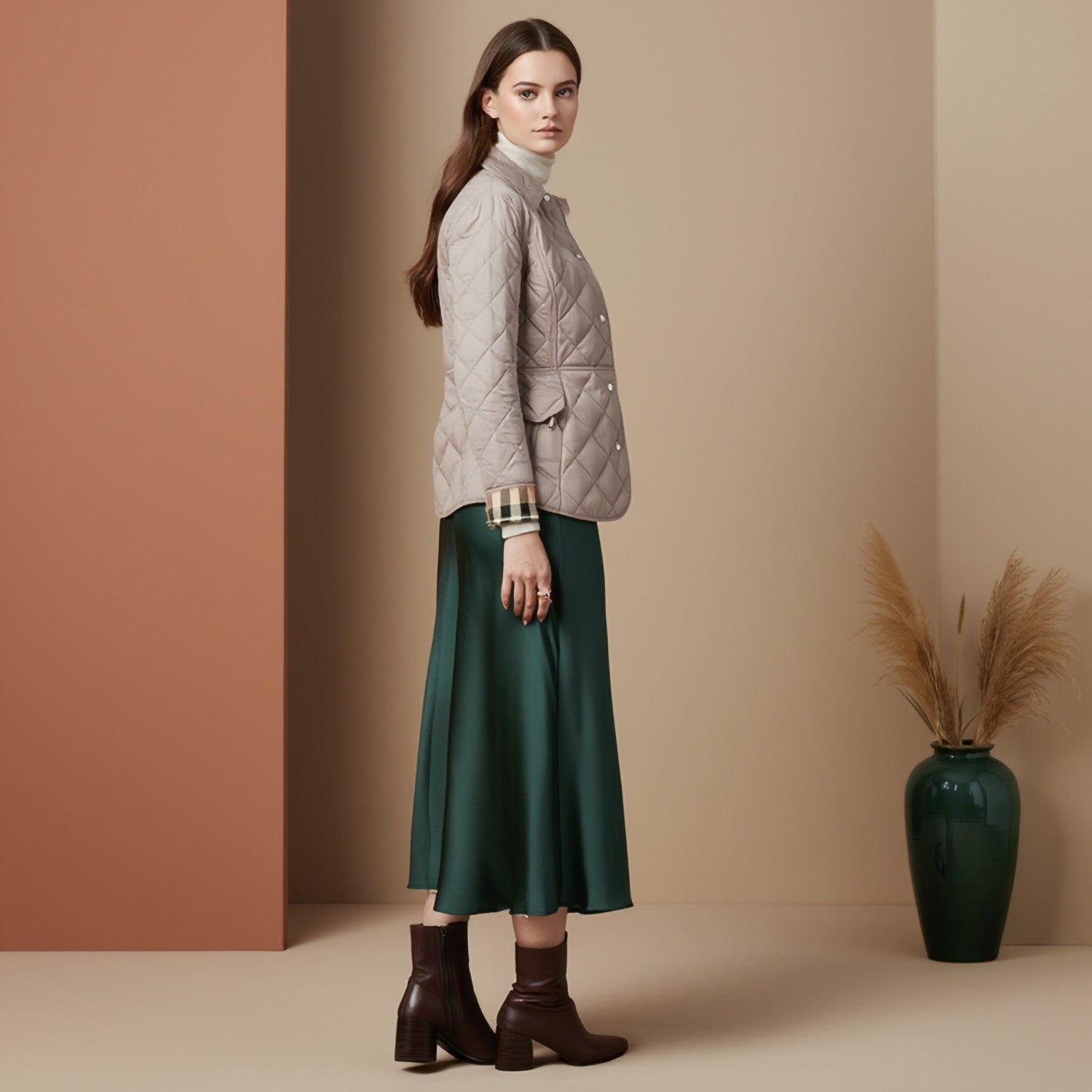 Woman wearing a Burberry Cawthorne Quilted Jacket Light Taupe 81114571 and green skirt standing against a beige wall with a vase of dried plants.