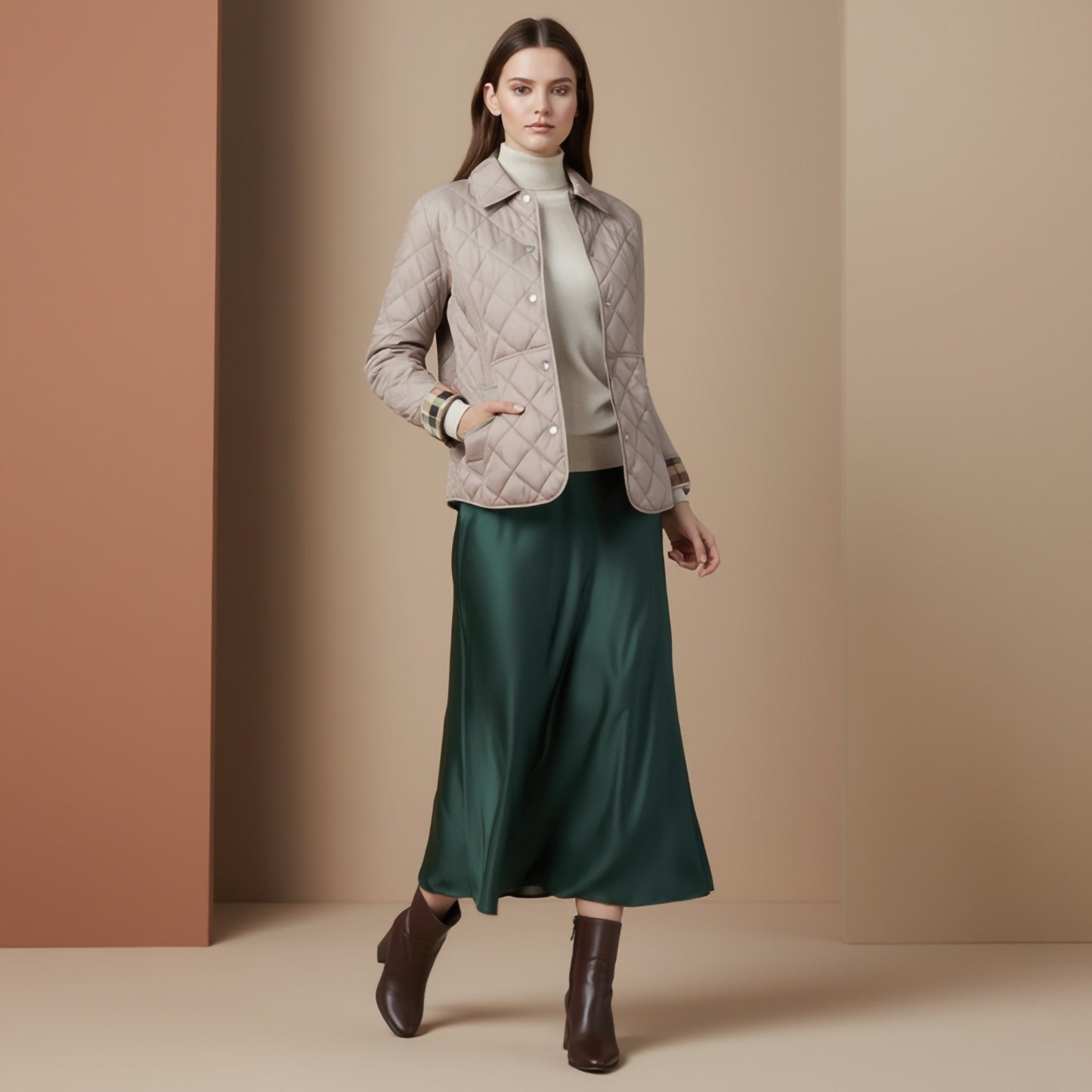 Woman wearing a Burberry Cawthorne Quilted Jacket Light Taupe 81114571, green skirt, and brown boots against a beige background