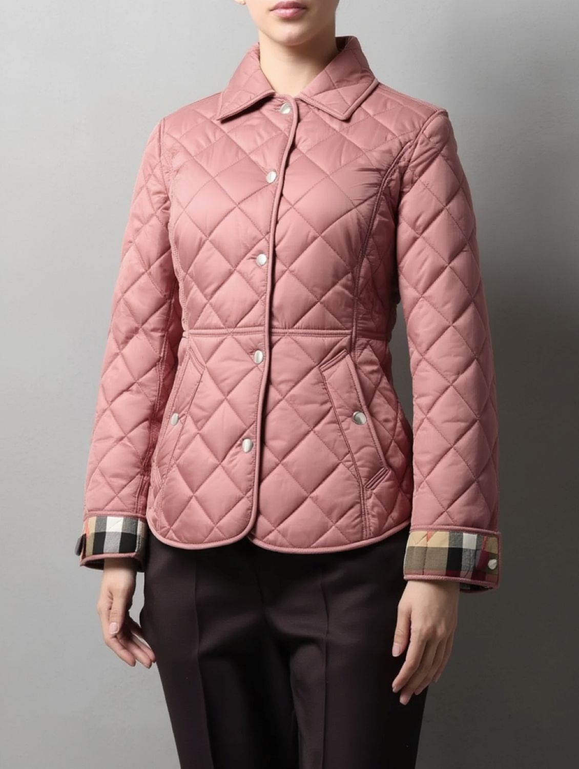 Burberry Cawthorne Quilted Jacket Pink 81114581 with checkered cuffs on a gray background