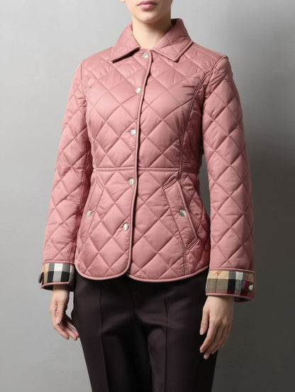 Burberry Cawthorne Quilted Jacket Pink 81114581 with checkered cuffs on a gray background
