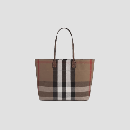 Burberry Check Canvas Medium London Tote Taupe Brown 8084047