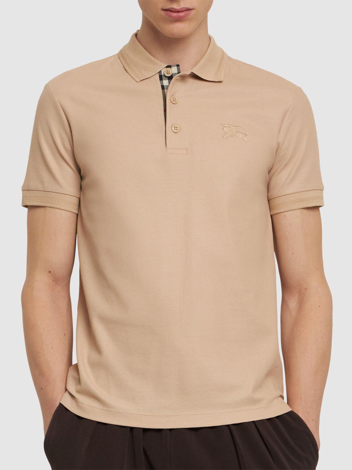wearing Burberry EKD Cotton Piqué Polo Shirt In Soft Fawn 8084777