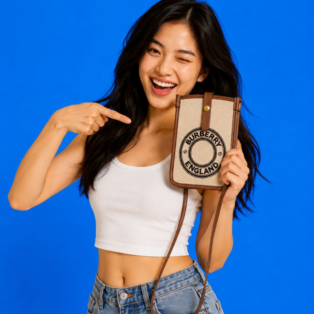 Woman holding a Burberry Logo Graphic Canvas Phone Pouch against a blue background