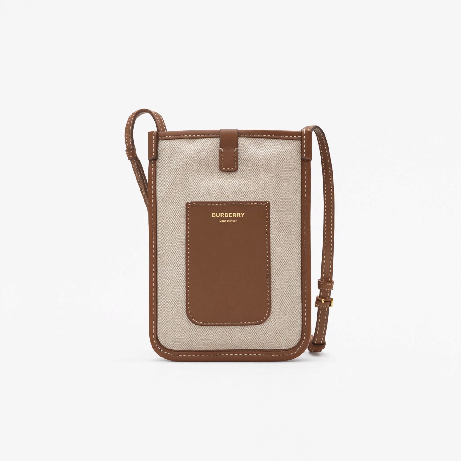 Behind Burberry Logo Graphic Canvas Phone Pouch with beige canvas and brown leather accents on a white background