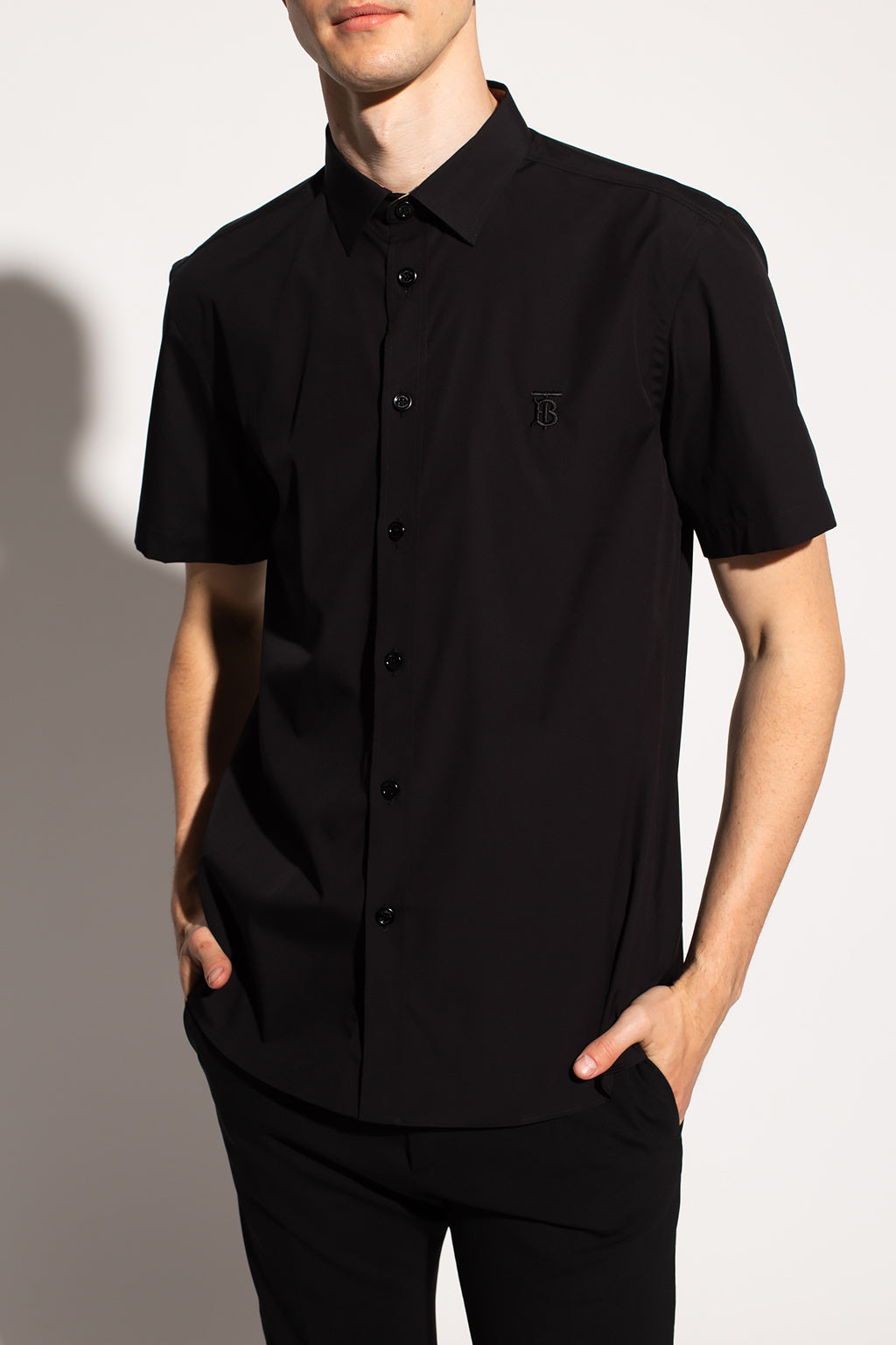 BURBERRY SHORT SLEEVE EMBROIDERED TB MONOGRAM SHIRT IN BLACK 8032310