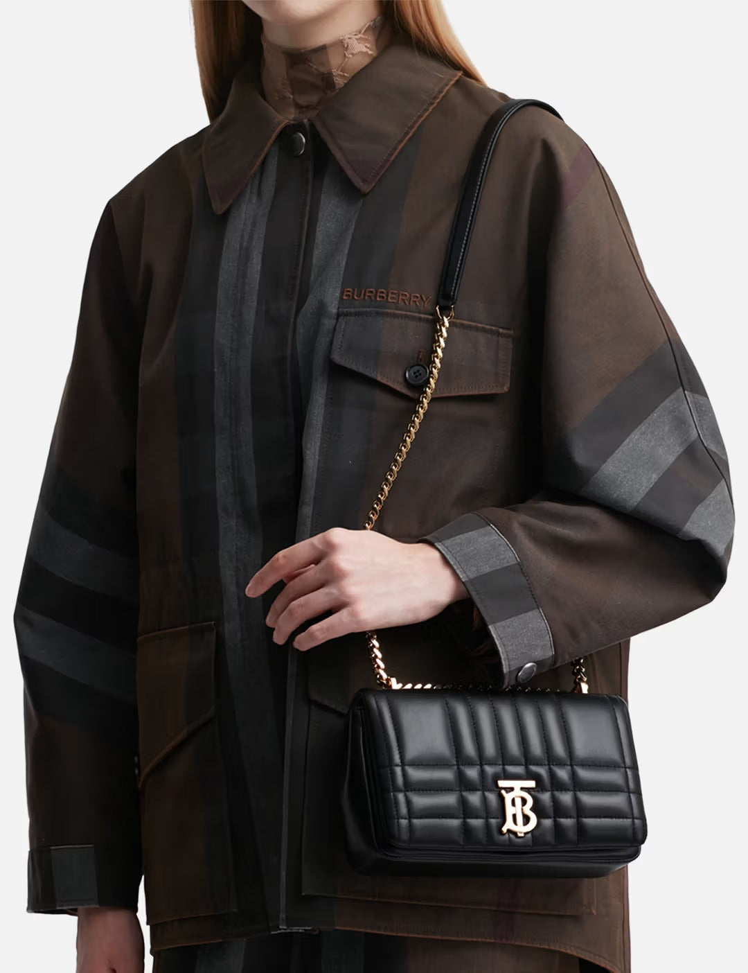 wearing Burberry Small Lola Quilted Leather Bag Black With Gold Hardware 80595091