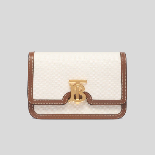 BURBERRY SMALL TWO-TONE CANVAS AND LEATHER TB BAG 8014640