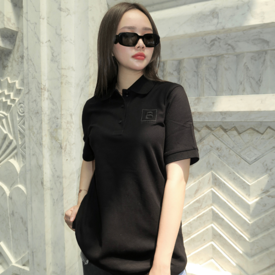 áo thun có cổ BURBERRY WOMEN'S BLACK POLO WITH B LOGO-EMBROIDERED 8052653 authentic blankroom hà nội việt nam