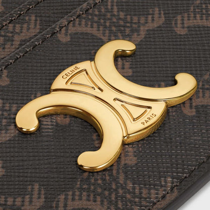 Gold Triomphe logo on a Celine Card Holder Triomphe in Triomphe Canvas Tan 10L832CQH.04LU