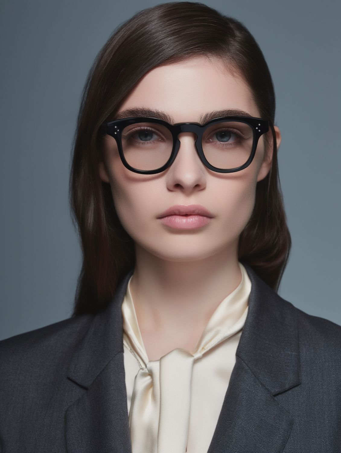 Model wearing Celine CL50118I 001 3 Dots HD Eyeglasses and Suite against grey background