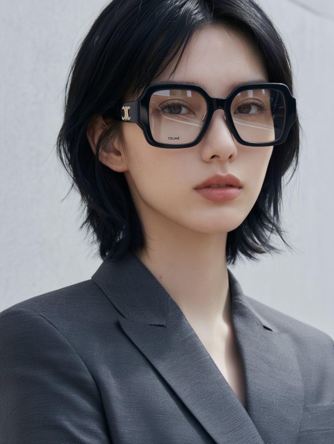 Person wearing Celine CL50131F 001 Square Eyeglasses and a gray blazer against a light background