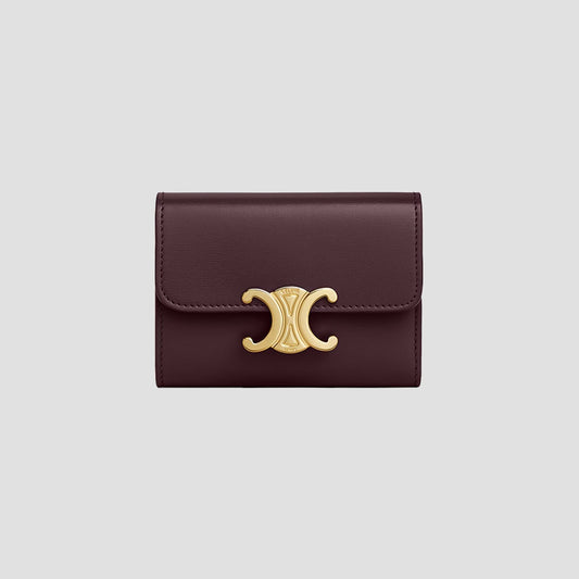 Celine Compact Wallet with Coin Triomphe in Shiny Calfskin Deep Burgundy 10I653DPV.28DG