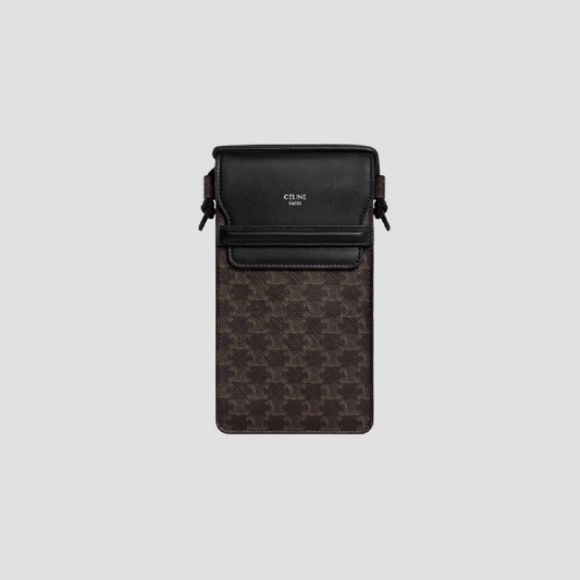 CELINE PHONE POUCH WITH FLAP IN TRIOMPHE CANVAS AND LAMBSKIN BLACK 10G332CQD.38SI
