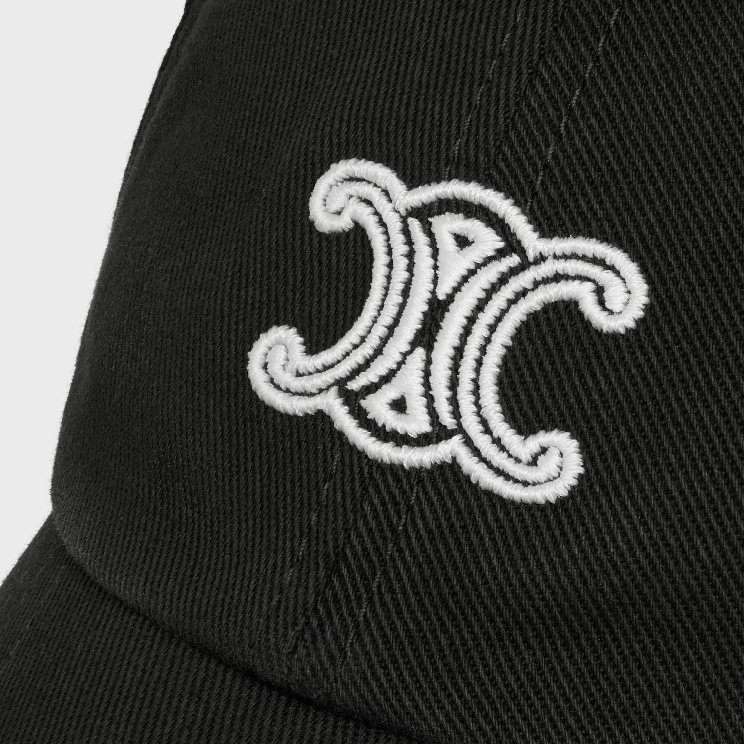Celine Vivienne Cap in Cotton Twill Black & White AA0GV2U74.37BW with a white embroidered triomphe logo on a light gray background
