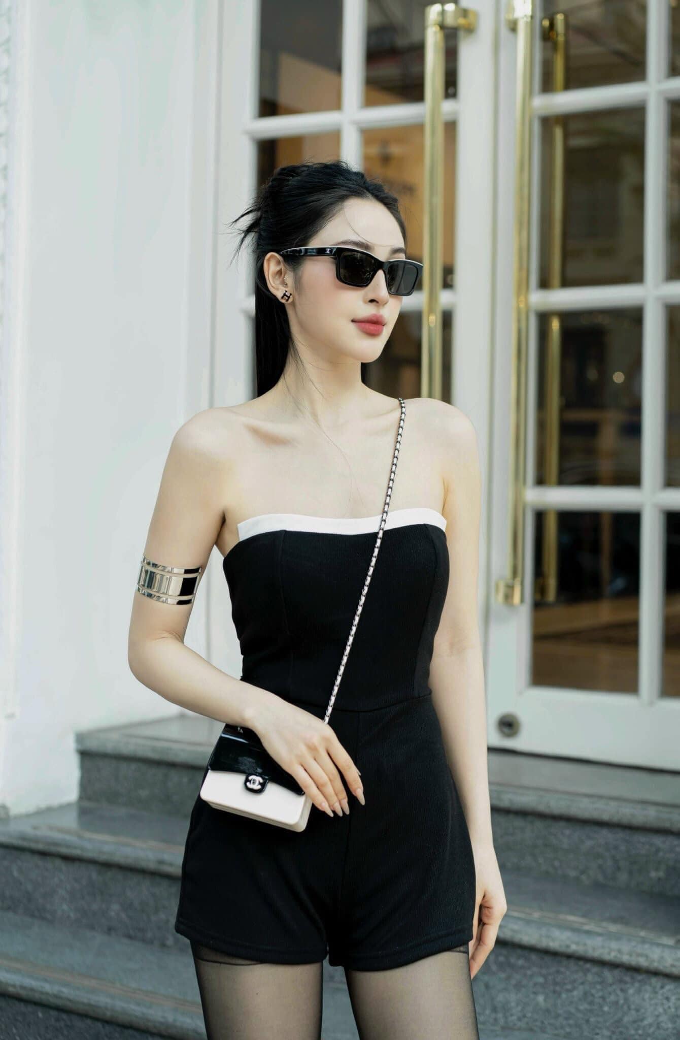 wearing CHANEL CH5417 C534/3 BLACK BEIGE SUNGLASSES