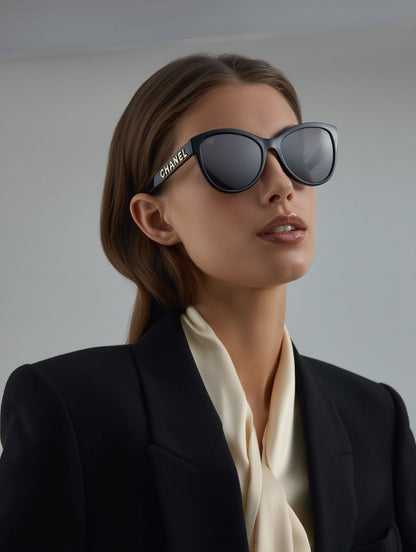 Woman wearing Chanel CH5458 C622T8 Round Sunglasses with a neutral background