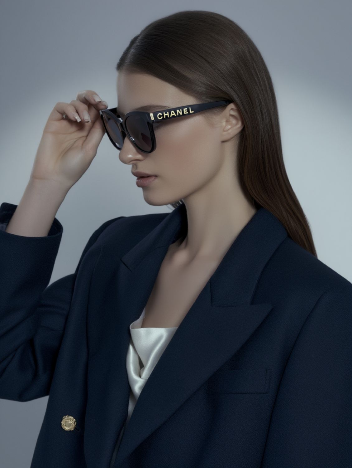 Model wearing Chanel CH5458 C622T8 Round Sunglasses with a plain background