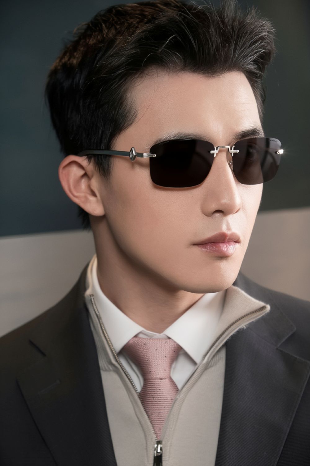 Man wearing Dior CD Diamond S11F F0A0 Square Silver Sunglasses and a suit with a neutral background