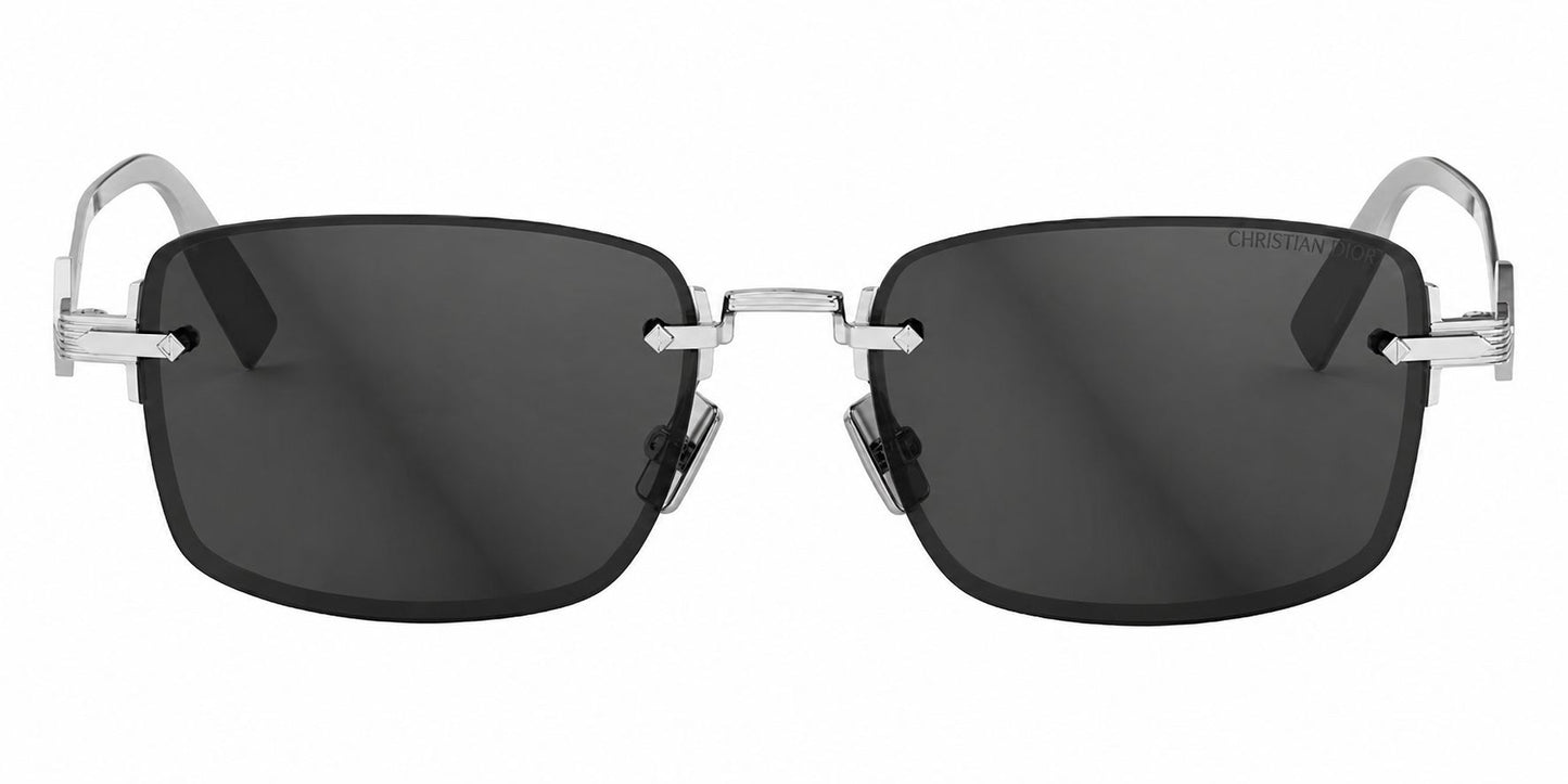front Dior CD Diamond S11F F0A0 Square Silver Sunglasses with black lenses and silver frame on a white background
