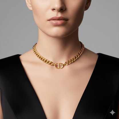 Dior CD Navy Choker Necklace worn by a model against a neutral background