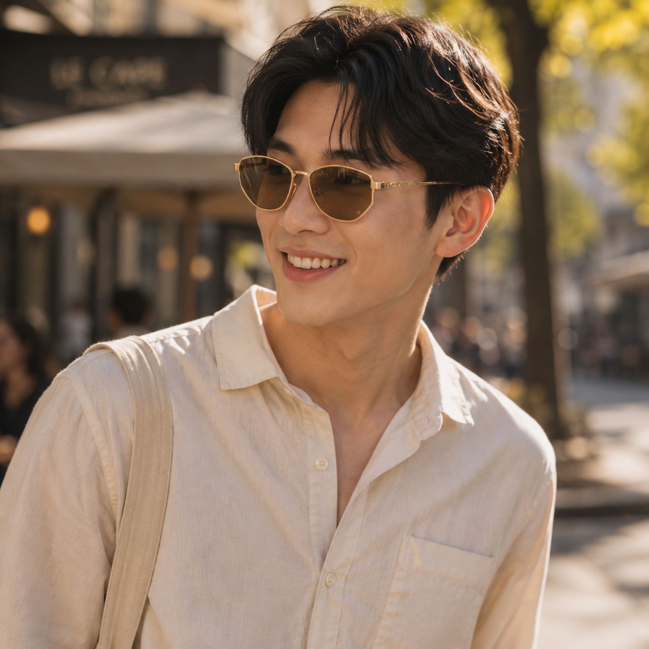 Man wearing Dior DiorCannage B1U B0C0 Oval Sunglasses and a light-colored shirt in an outdoor setting