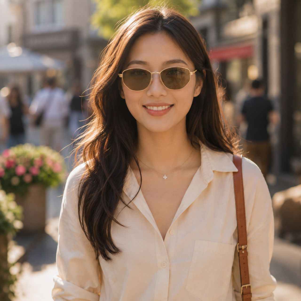 Woman wearing Dior DiorCannage B1U B0C0 Oval Sunglasses and a light-colored shirt on a street with blurred background