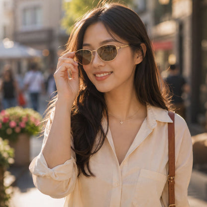 Woman wearing Dior DiorCannage B1U B0C0 Oval Sunglasses in an urban setting