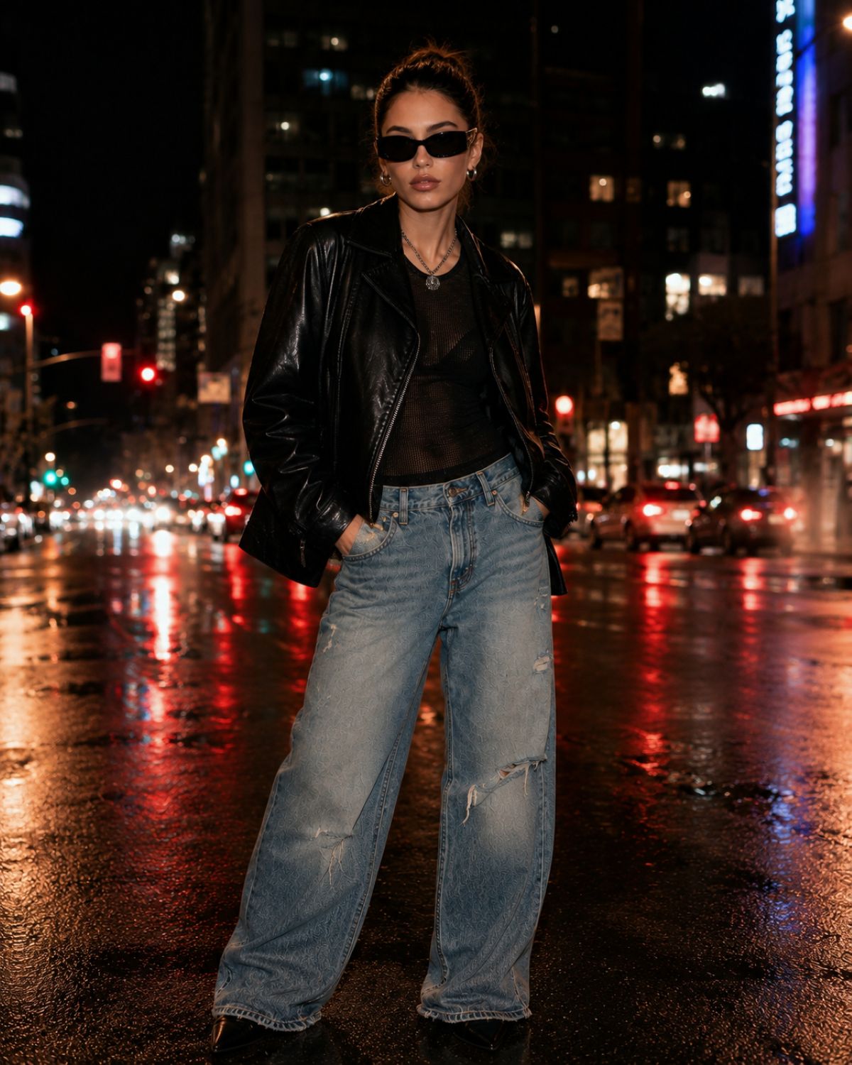 Women wearing a Dior DiorOmbre S1F 10A0 Cat-Eye Sunglasses in black leather jacket and light blue jeans on a city street at night.