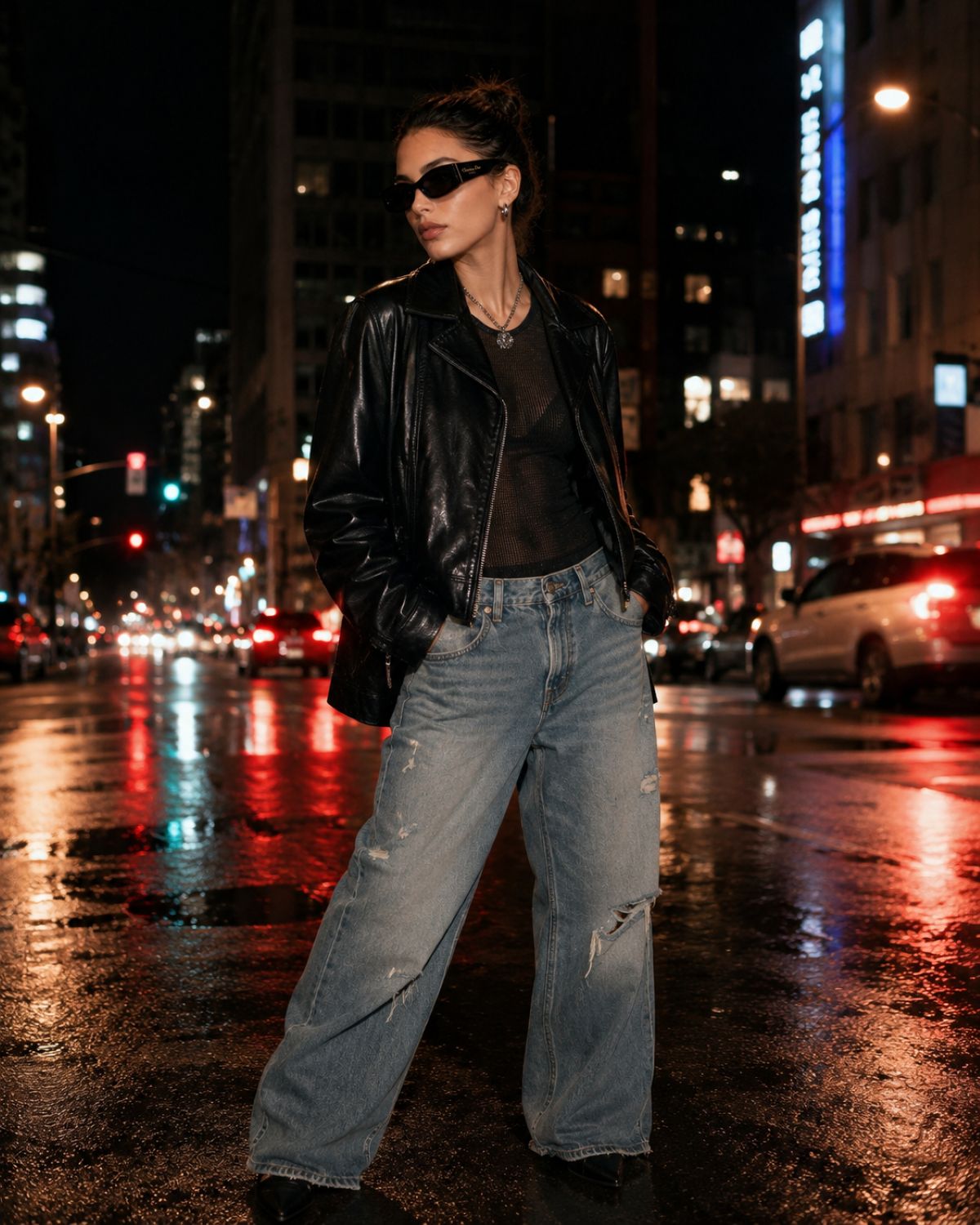 Model wearing a Dior DiorOmbre S1F 10A0 Cat-Eye Sunglasses in a black leather jacket and light blue jeans on a city street at night.