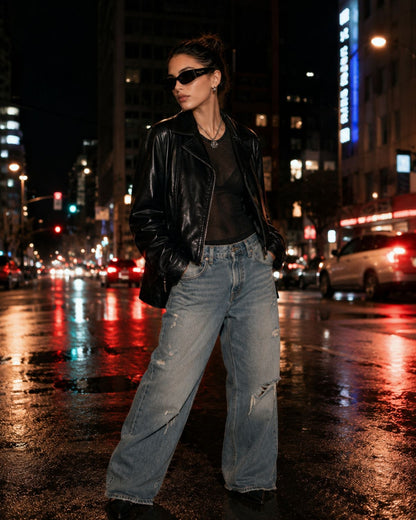 Model wearing a Dior DiorOmbre S1F 10A0 Cat-Eye Sunglasses in a black leather jacket and light blue jeans on a city street at night.