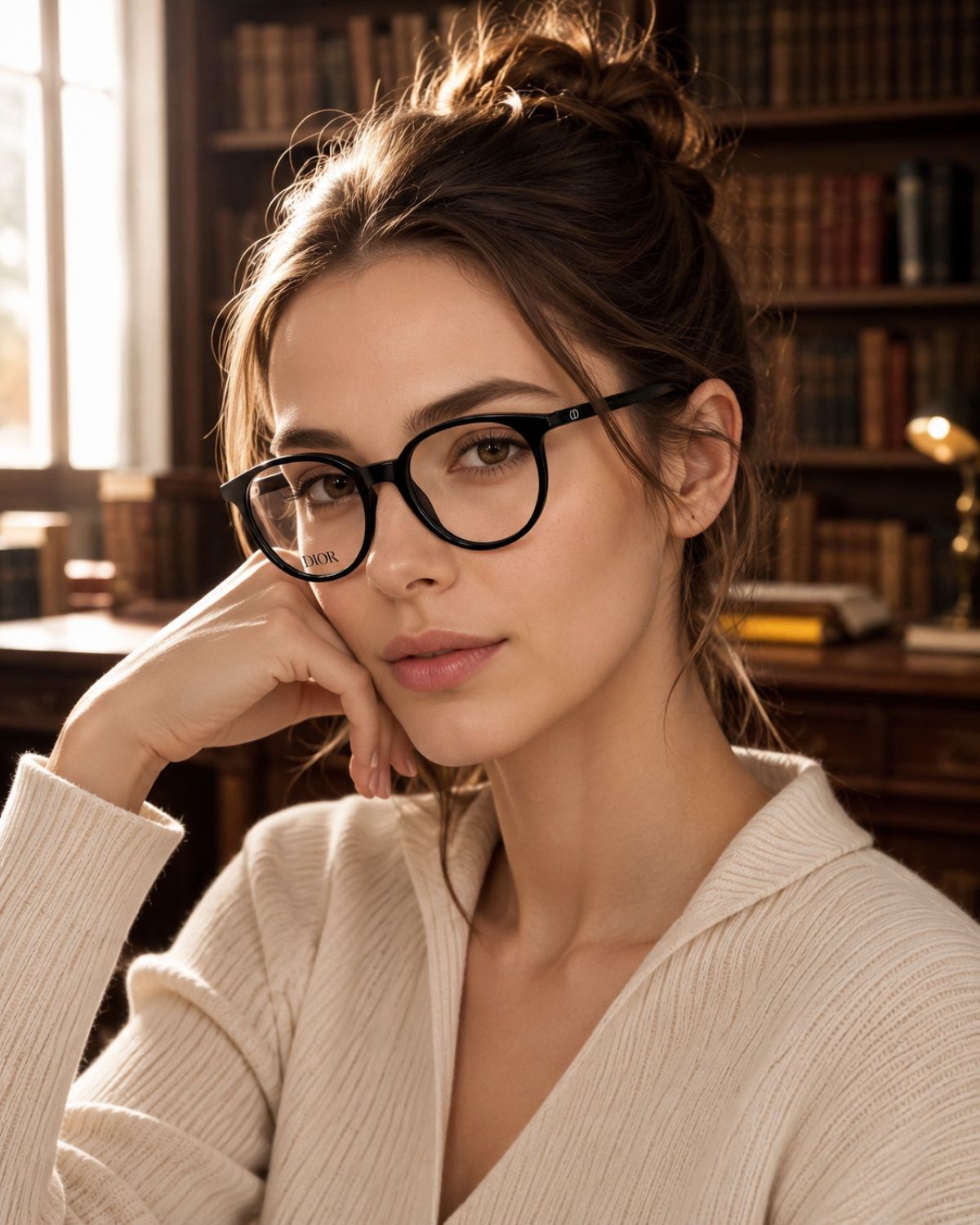 Woman wearing Dior MINI CD O R5I 1100 Round Eyeglasses in a room with bookshelves