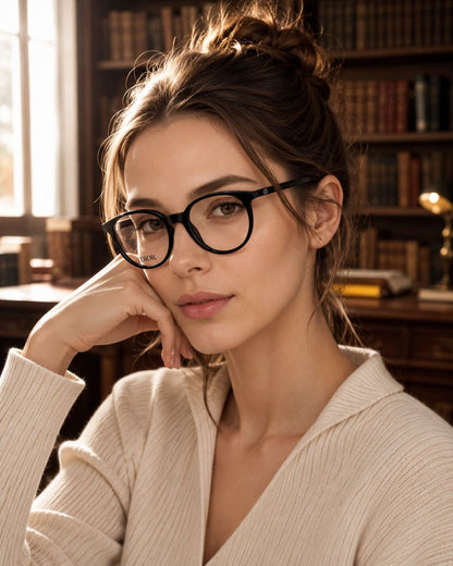 Woman wearing Dior MINI CD O R5I 1100 Round Eyeglasses in a room with bookshelves