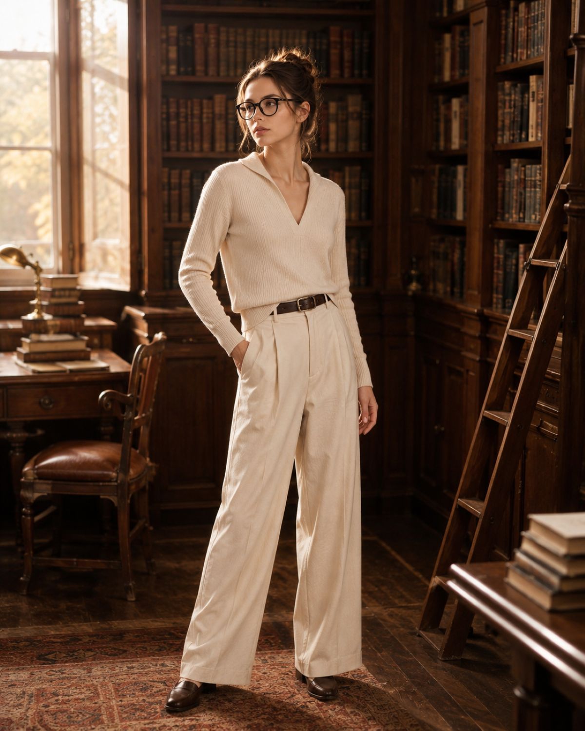 Woman wearing Dior MINI CD O R5I 1100 Round Eyeglasses in a white outfit standing in a library with bookshelves and a desk.