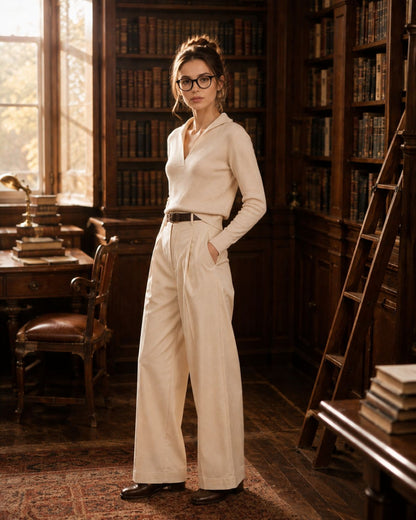 Woman wearing Dior MINI CD O R5I 1100 Round Eyeglasses in a cream blouse and pants standing in a library.
