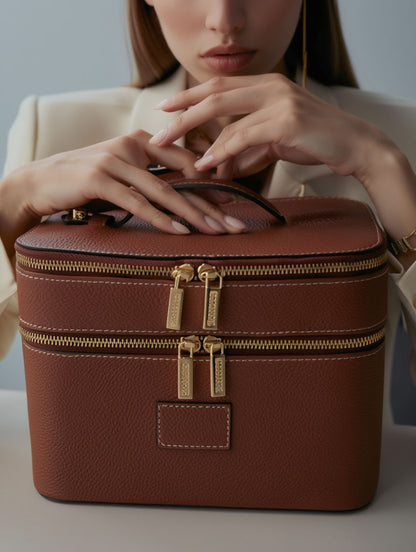 Etoile Duo Vanity Case Ginger Brown with gold zippers held by a person against a neutral background