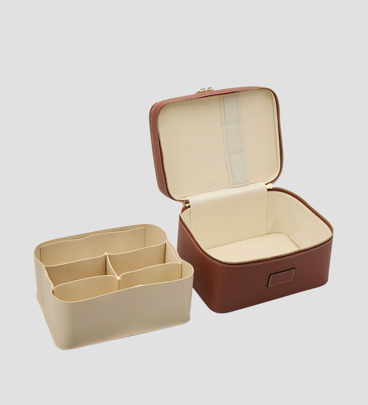 Etoile Duo Vanity Case Ginger Brown interior and a smaller beige organizer on a light gray background