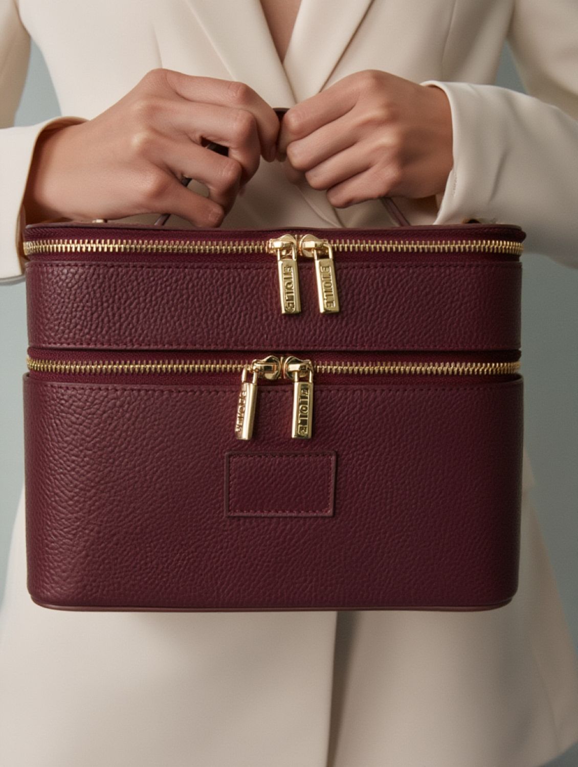 Etoile Duo Vanity Case Ginger Burgundy with gold zippers held by a person wearing a beige suit.