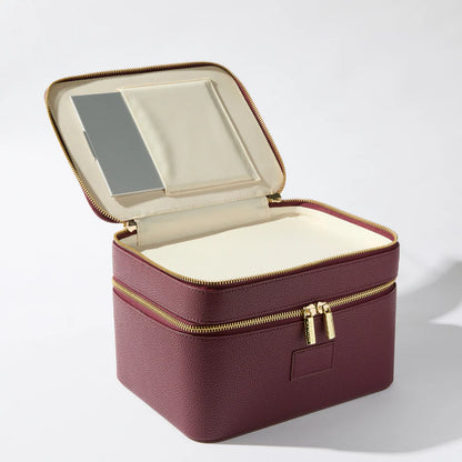 Etoile Duo Vanity Case Ginger Burgundy with gold zipper and mirror on a white background